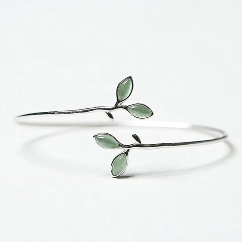 Silver-Tone Opal Leaf & Branch Cuff Bangle | Nature-Inspired Bracelet for Women