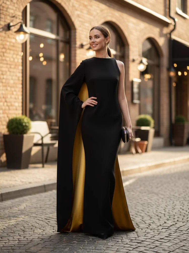Freeacy Women's Asymmetric Cape Dress Ruffled One - sleeve Floor Length Evening Gowns 2025 Stylish Contrast Color Party Dresses - Nitamoje