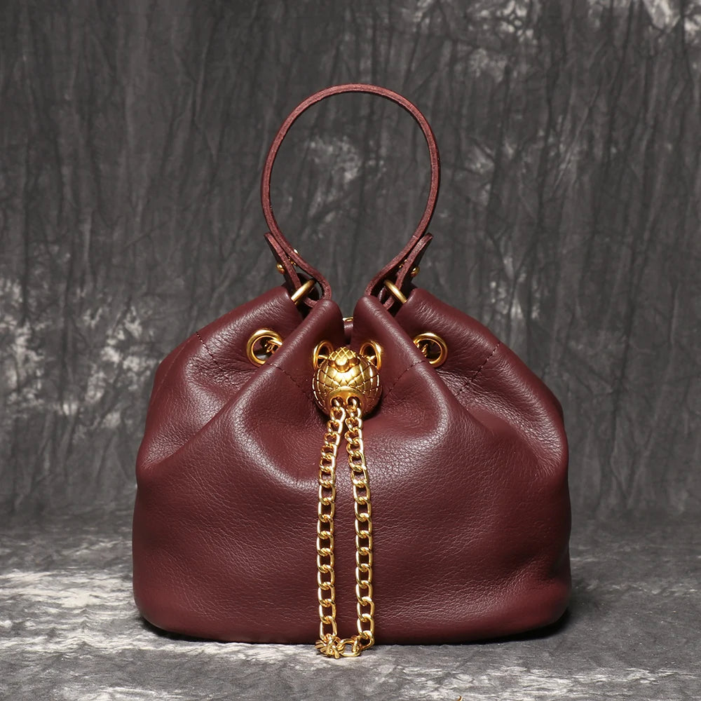 Metal Drawstring Genuine Leather Chain Bucket Bag