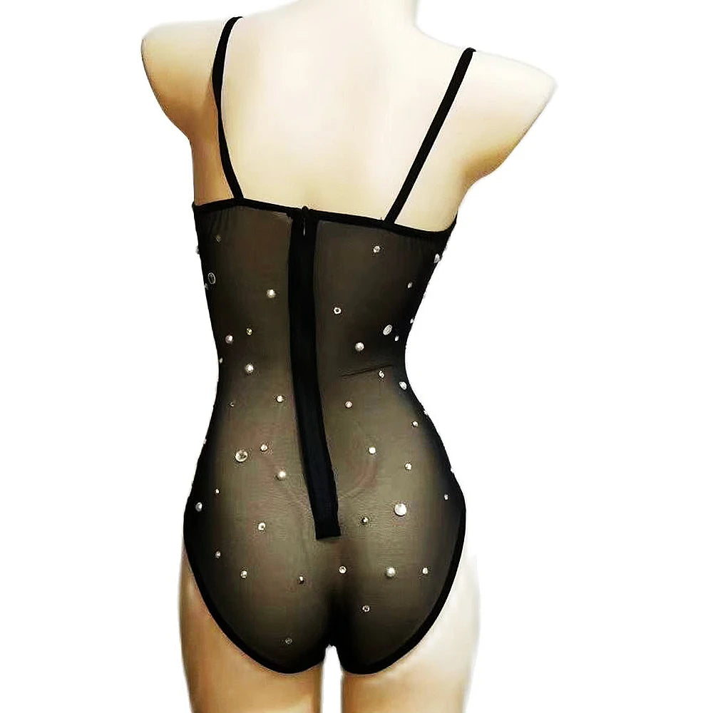 Pearl Strap Rhinestone Bodysuit Stage Leotard for Women