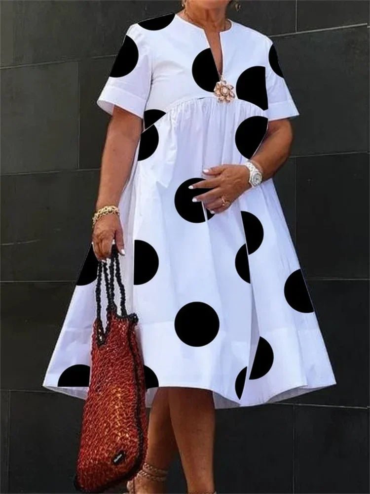 Women Midi Shirts Dress Short Sleeves Black and White Polka Dot Daily Casual Simple Female A - line Dresses - Nitamoje