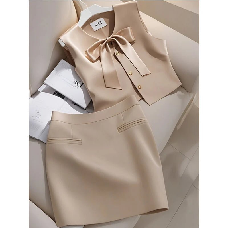 Women Clothes Elegant Two - piece Fashionable Bow Sleeveless Dress Sets - Nitamoje