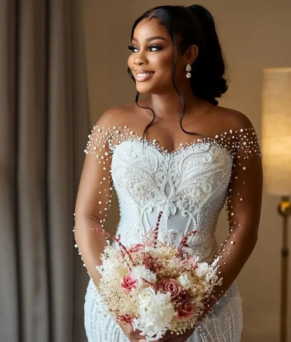 Mermaid Wedding Dress | Long Sleeve Beaded Lace Phantom Neck Bridal Gown