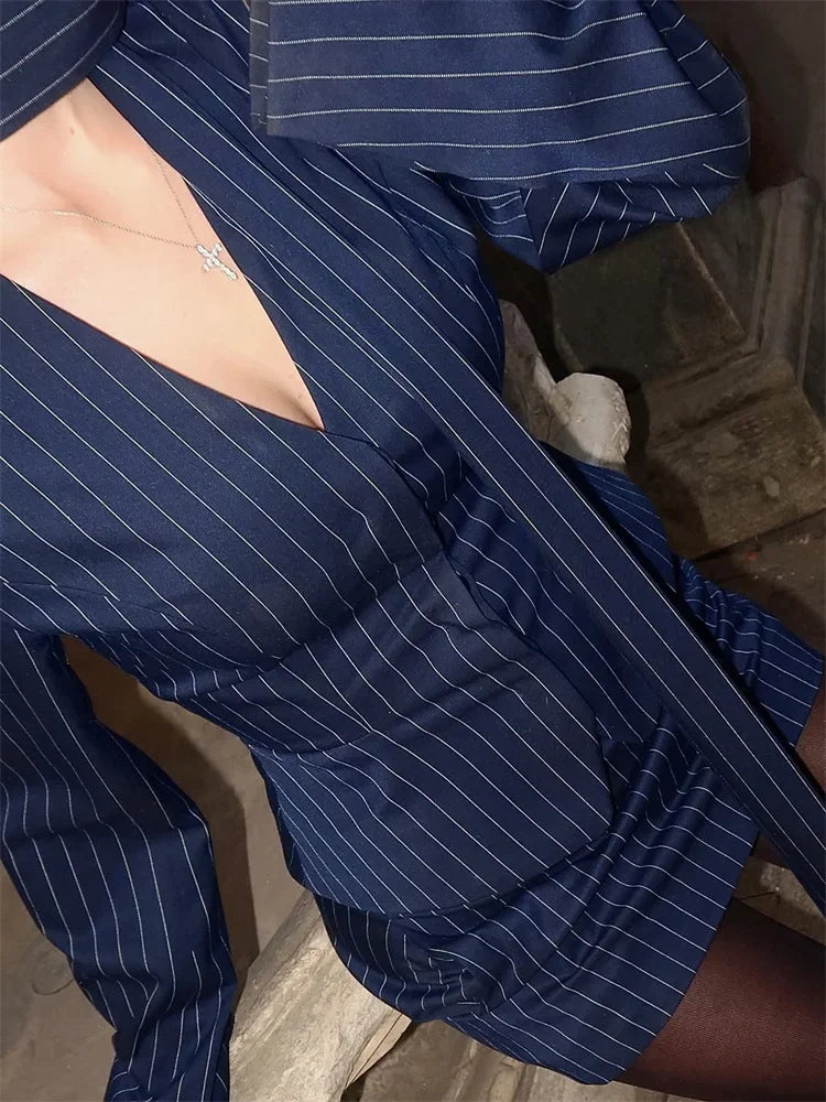 Women Short Dress Set Fashion Striped V-Neck Luxury Ribbon Blazer Skirt