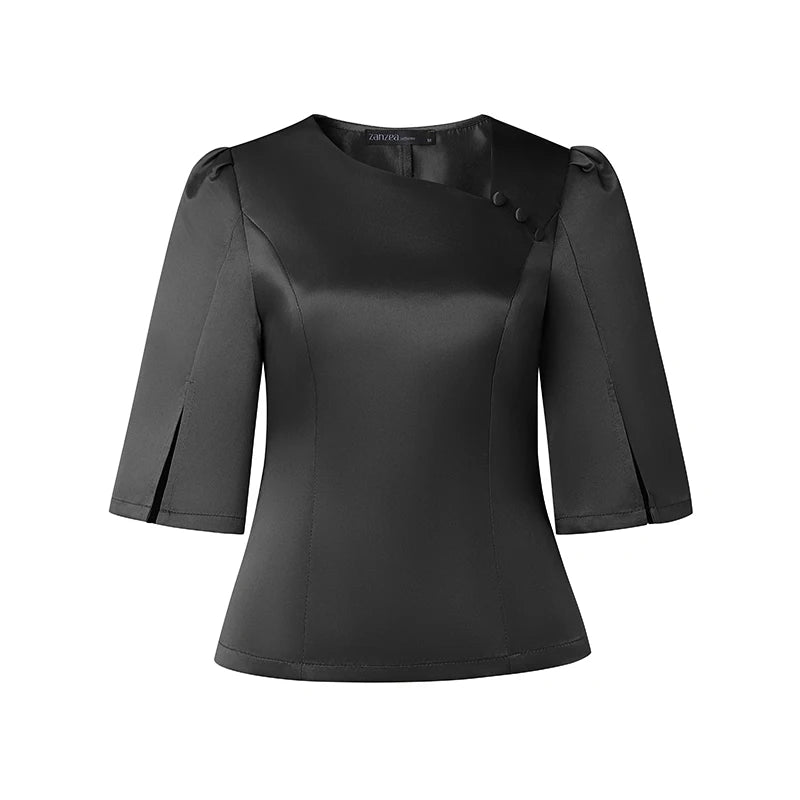 Elegant Office Lady Blouse | 3/4 Puff Sleeve Casual Solid Tunic Top | Loose Summer Shirt