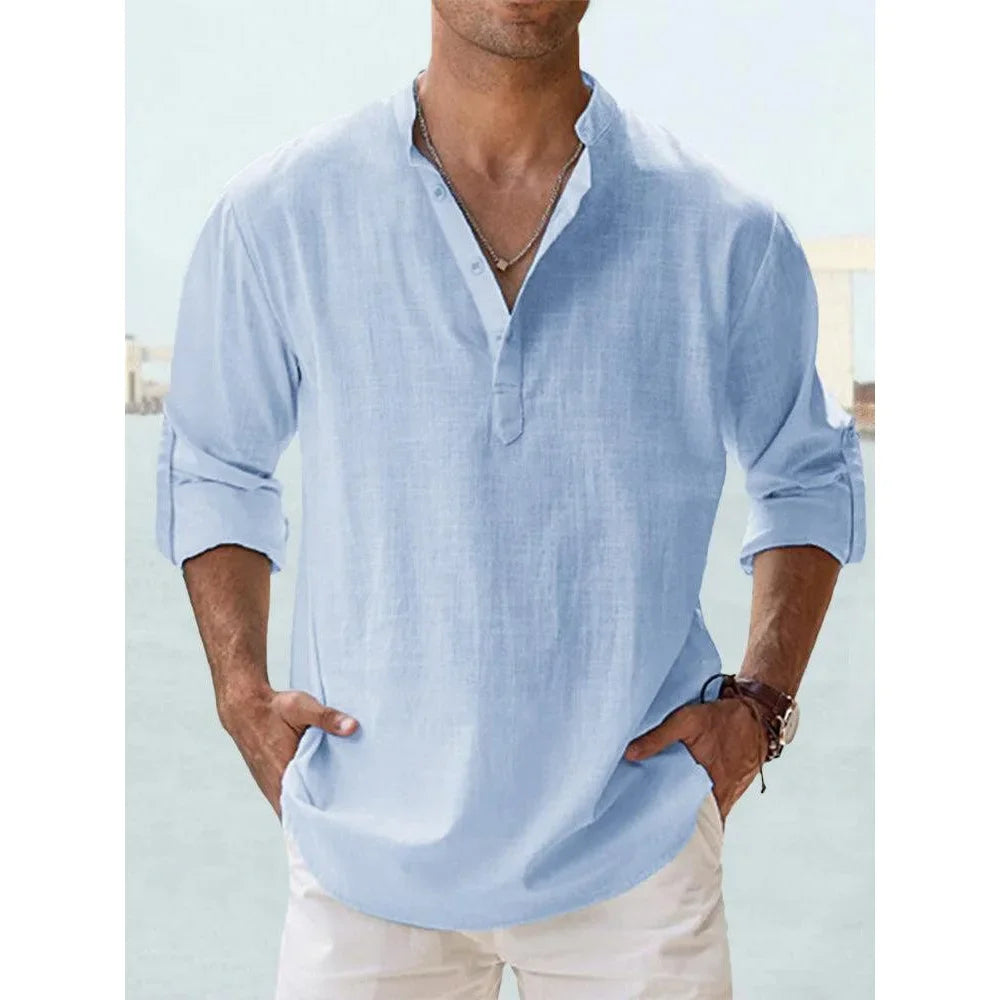 Men's Cotton Linen Short Sleeve Shirt | Solid Color Henley Casual Beach Hawaiian Vacation