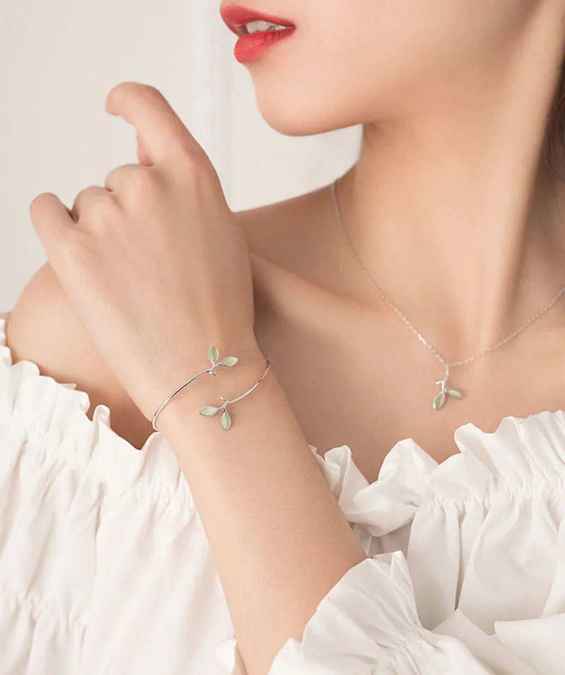 Silver-Tone Opal Leaf & Branch Cuff Bangle | Nature-Inspired Bracelet for Women