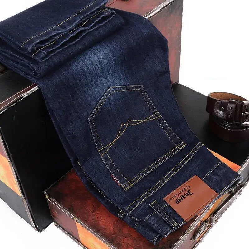 Men's Fashion Business Jeans | Classic Style Casual Stretch flattering Denim Trousers Black Blue