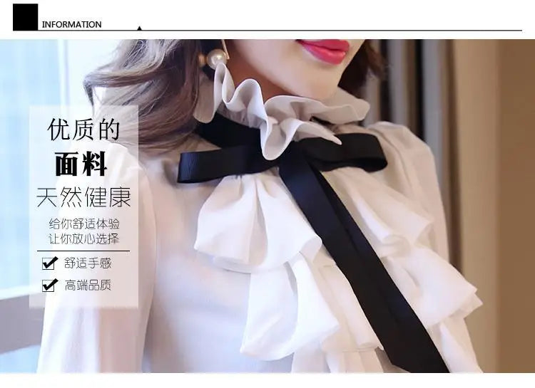 Elegant Women's Summer Blouse | Casual Ruffle Bow Long Sleeve Top White Shirt