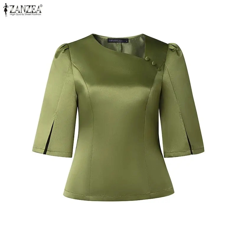 Elegant Office Lady Blouse | 3/4 Puff Sleeve Casual Solid Tunic Top | Loose Summer Shirt