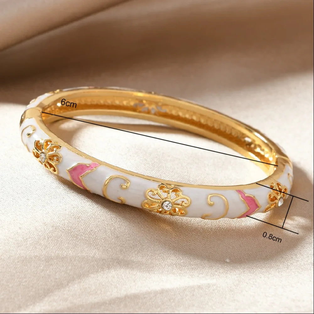 Ethnic Enamel Flower Cuff Bracelet | Gold Tone Stainless Steel Bangle for Women