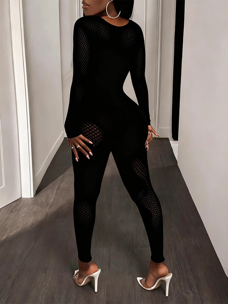 Women's Mesh Long Sleeve Cut-Out Fitted Jumpsuit