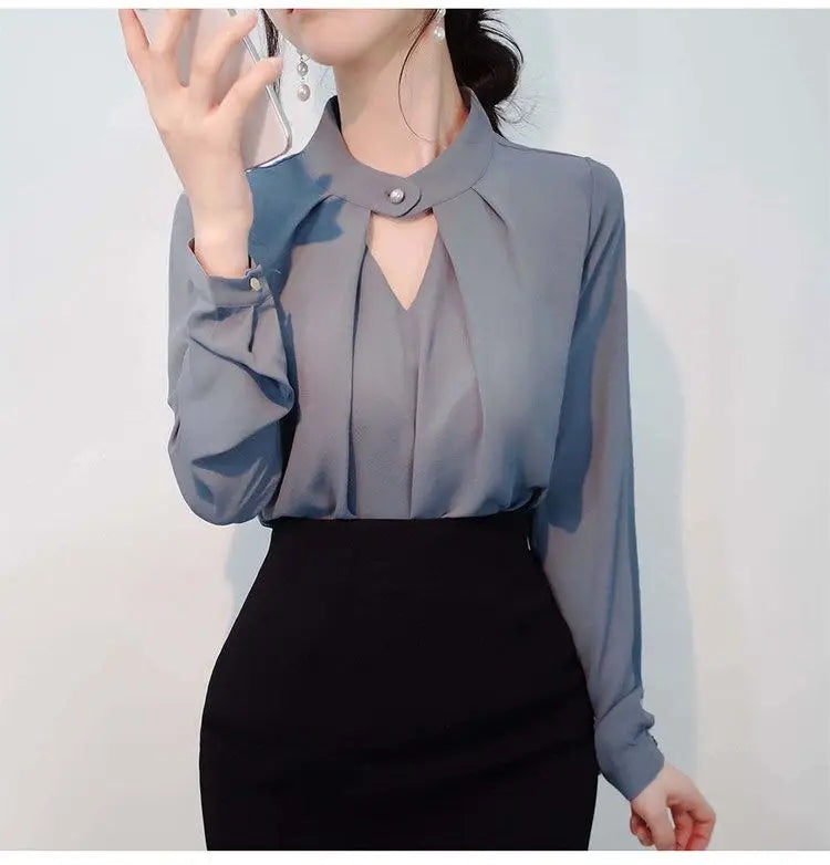 Solid Blouses Women Chiffon Shirts Long Sve flattering Hollow chic All-match Basic Spring Summer Tops Thin Chic Elegant Female Ins