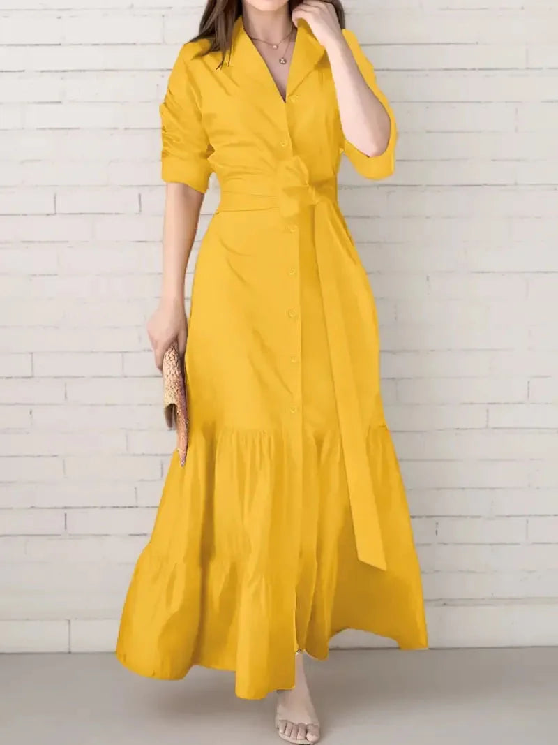 Women's Shirt Dress Suit Collar Fashion Button Belt Bow High Waist flattering and Elegant Office Skirt