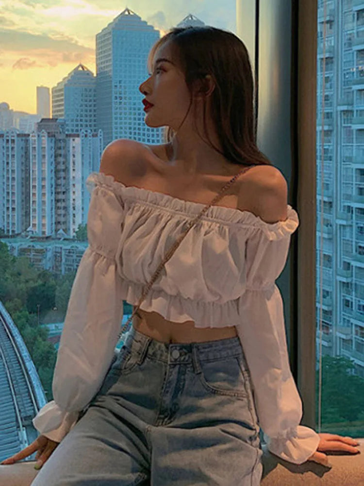 Off Shoulder Puff Sve Ruffle Crop Top