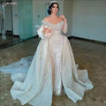 Detachable Train Bridal Gown | Off the Shoulder Heavy Appliques Pearl Trumpet Dress - Nitamoje