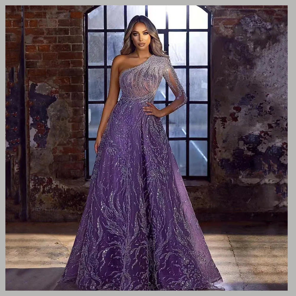 Elegant Long Sleeve Evening Gown | Gold Detail Side Slit flattering Fit Formal Dress