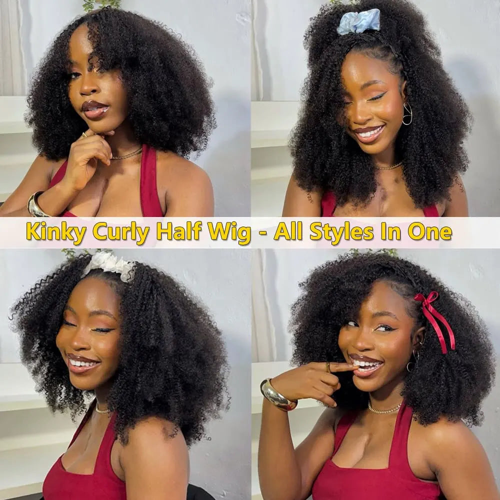 250% Half Wigs Human Hair Afro Kinky Curly Headband Wig Urade 3 IN 1 Half Wig With Drawstring Seamless Clip Ins Flip Over
