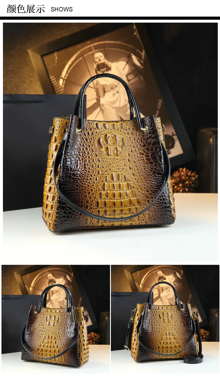 Genuine Leather Crocodile Print Bucket Bag