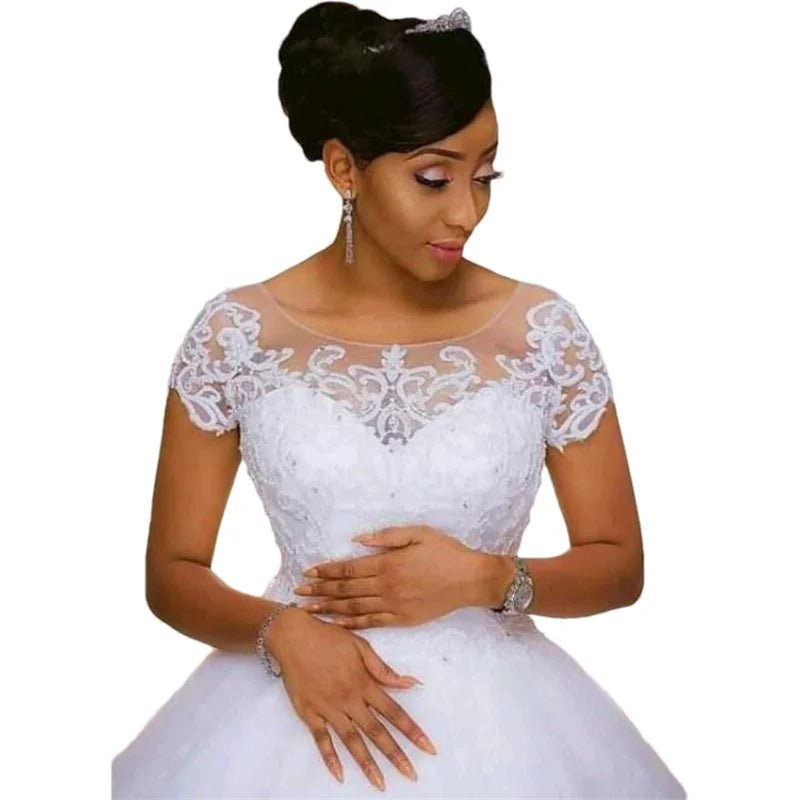 Vintage Lace African Beading Wedding Dress | Short Sleeve Bridal Gown - Nitamoje