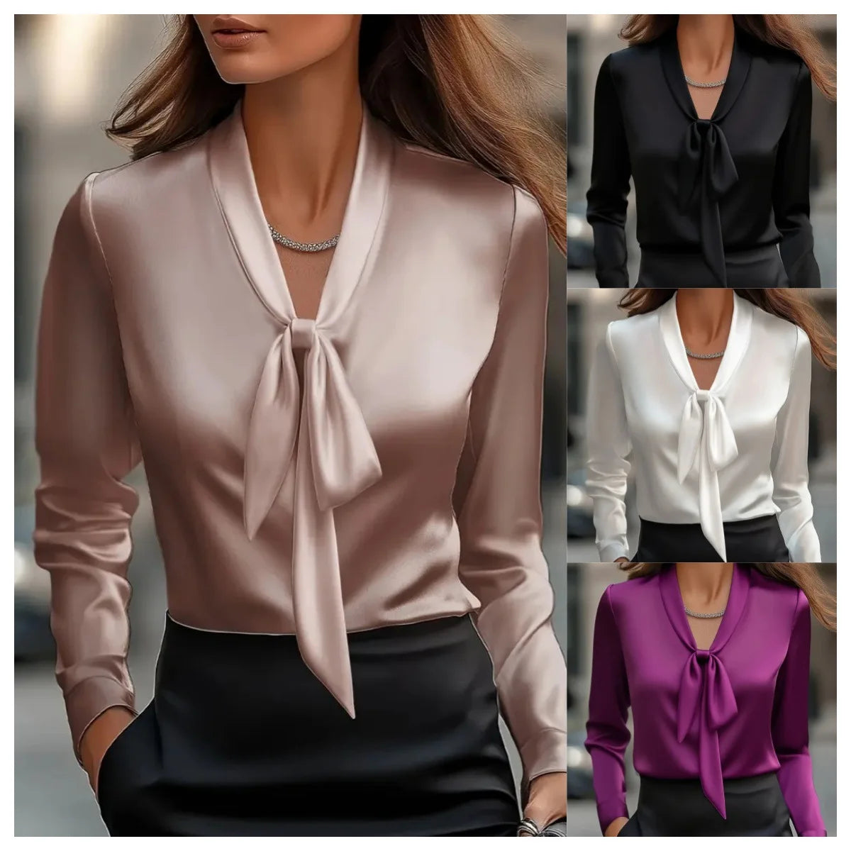 Elegant Solid Color Lace-up Blouse | Satin Long Sleeve Shirt for Women