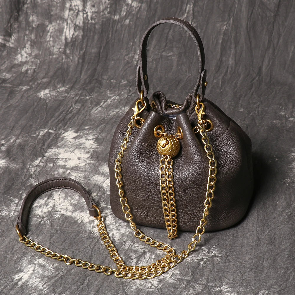 Metal Drawstring Genuine Leather Chain Bucket Bag