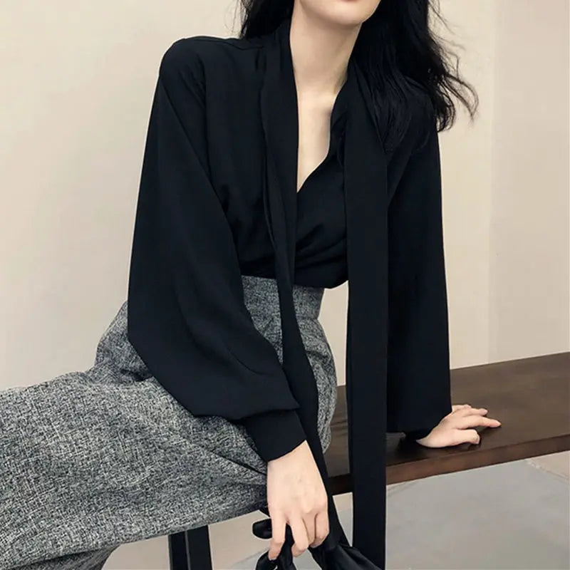 V-Neck Lace-Up Korean Office Blouse