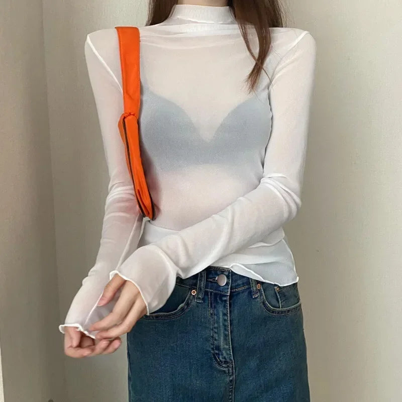 High-Neck Lace See-Through Long Sve Blouse
