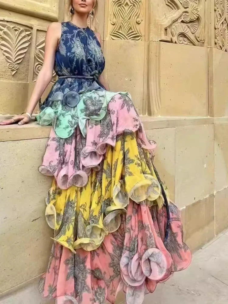 Women's Sleeveless Tie-Waist Ruffle Tiered Midi Dress