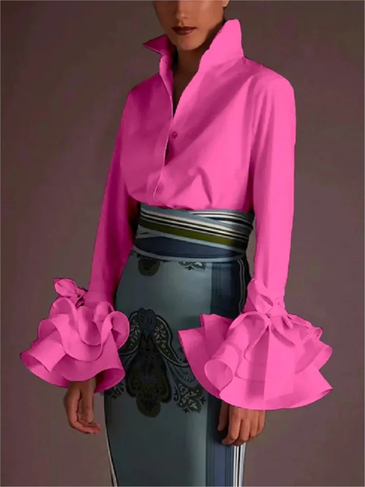 Flared Sve Lapel Button Office Blouse