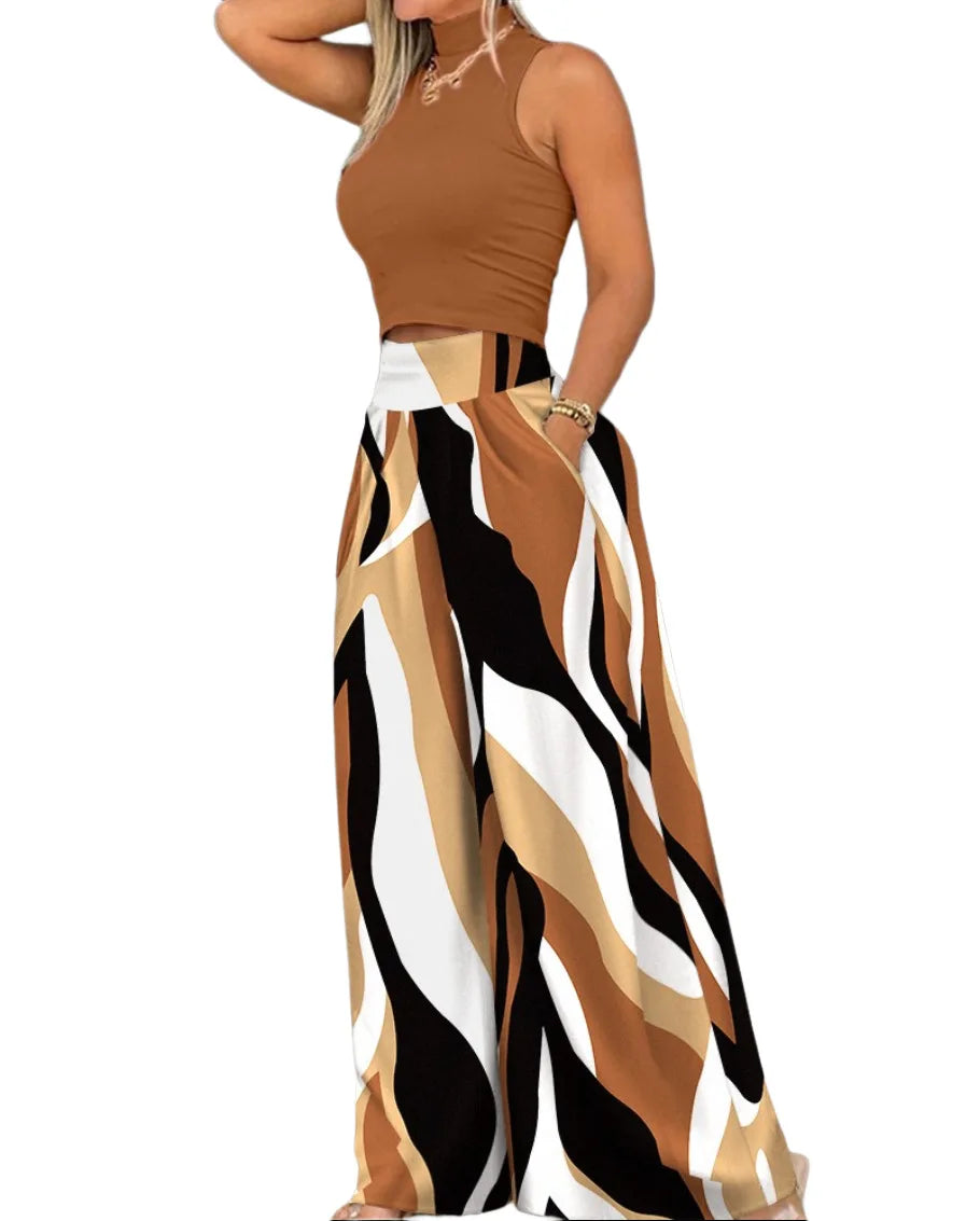 Women  Print Two-piece Set, Smooth Sleeveless T-shirt, Wide Leg Pants,