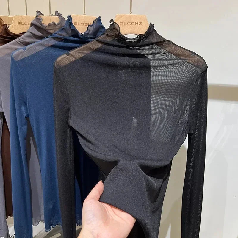High-Neck Lace See-Through Long Sve Blouse