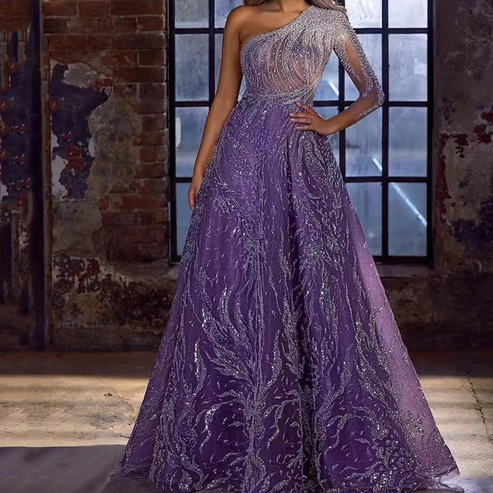 Elegant Long Sleeve Evening Gown | Gold Detail Side Slit flattering Fit Formal Dress