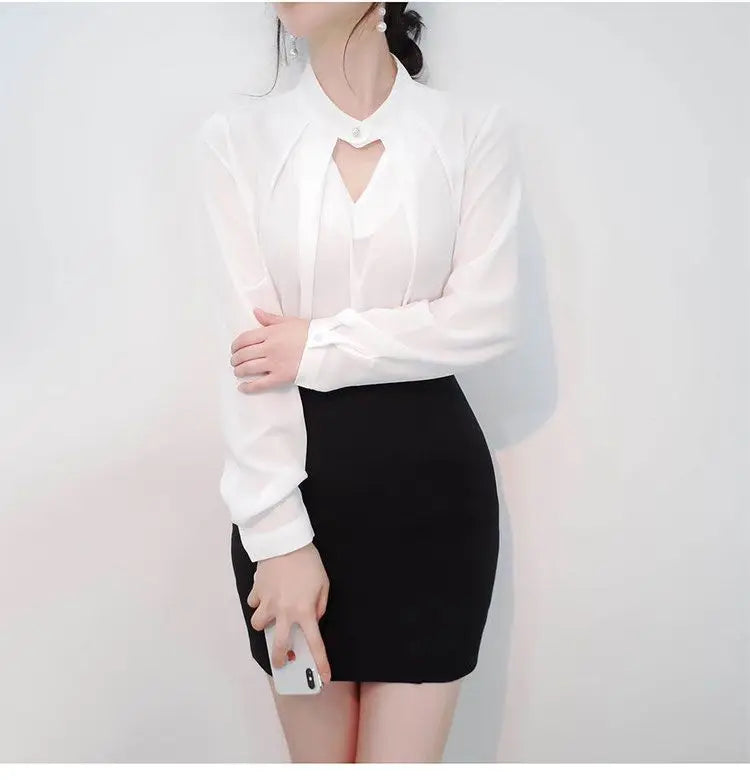 Solid Blouses Women Chiffon Shirts Long Sve flattering Hollow chic All-match Basic Spring Summer Tops Thin Chic Elegant Female Ins