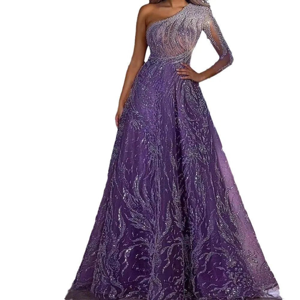 Elegant Long Sleeve Evening Gown | Gold Detail Side Slit flattering Fit Formal Dress - Nitamoje