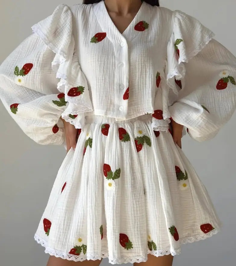 Ruffle Edge Long Sleeved Printed Shirt + Elastic Waist Short Skirt Set