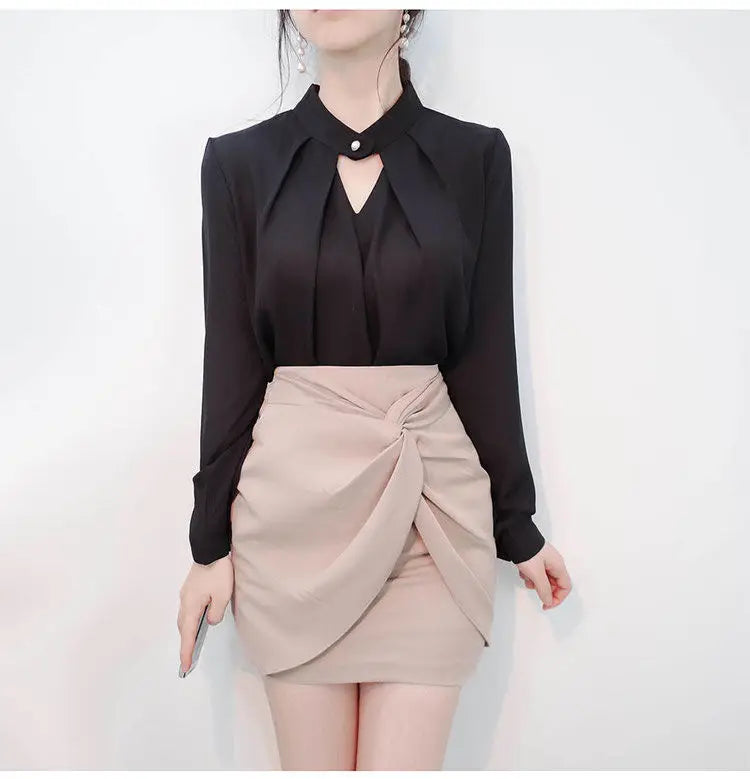 Solid Blouses Women Chiffon Shirts Long Sve flattering Hollow chic All-match Basic Spring Summer Tops Thin Chic Elegant Female Ins