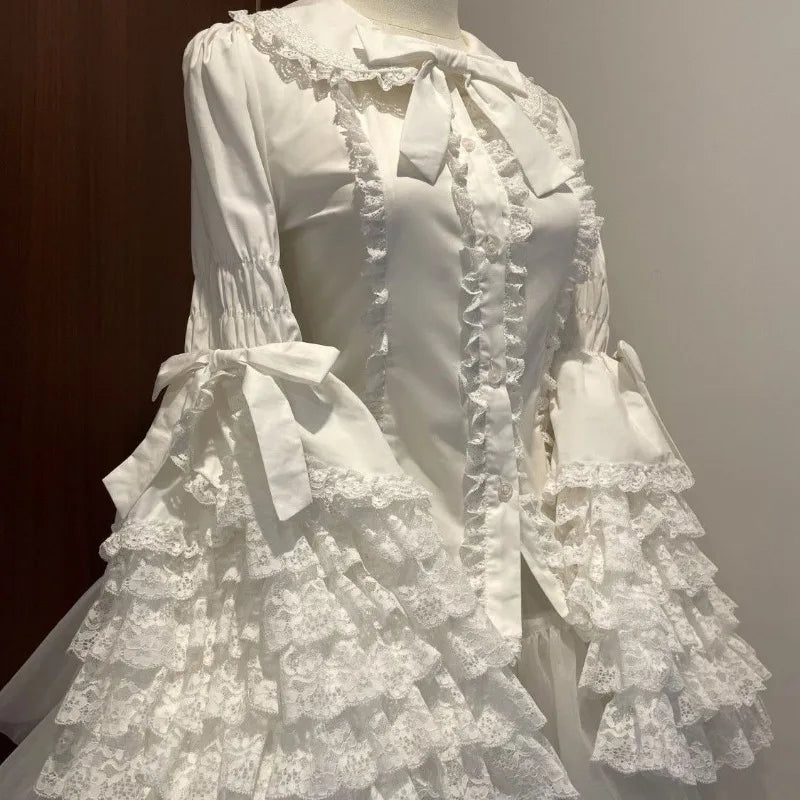 Lolita Blouse Women Y2k Gothic Peter Pan Collar Lace Bow Ruffles Tops Oversized Flare Sve Sweet Shirts JSK White Blouses
