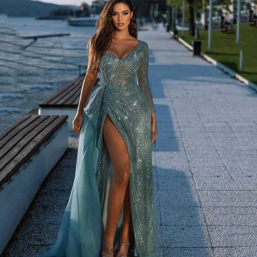 Elegant Long Sleeve Evening Gown | Gold Detail Side Slit flattering Fit Formal Dress