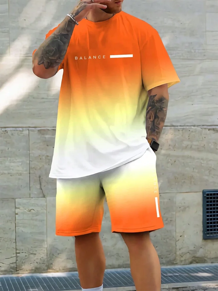 Men's Gradient Print Short Sleeve & Shorts Summer Set