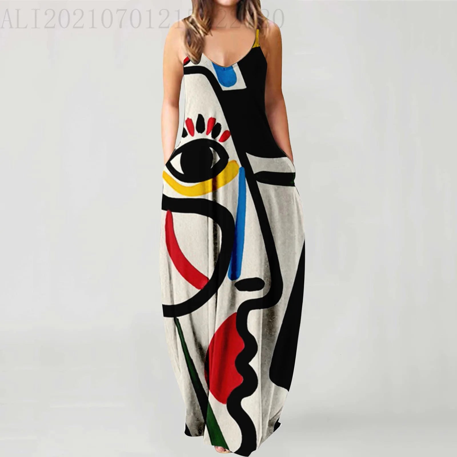 Women's Summer Strapless Long Dress With Abstract Face Digital Print