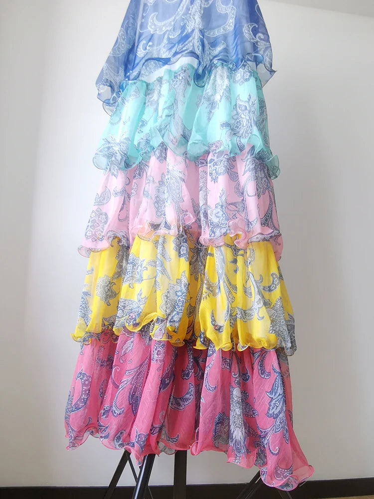 Women's Sleeveless Tie-Waist Ruffle Tiered Midi Dress