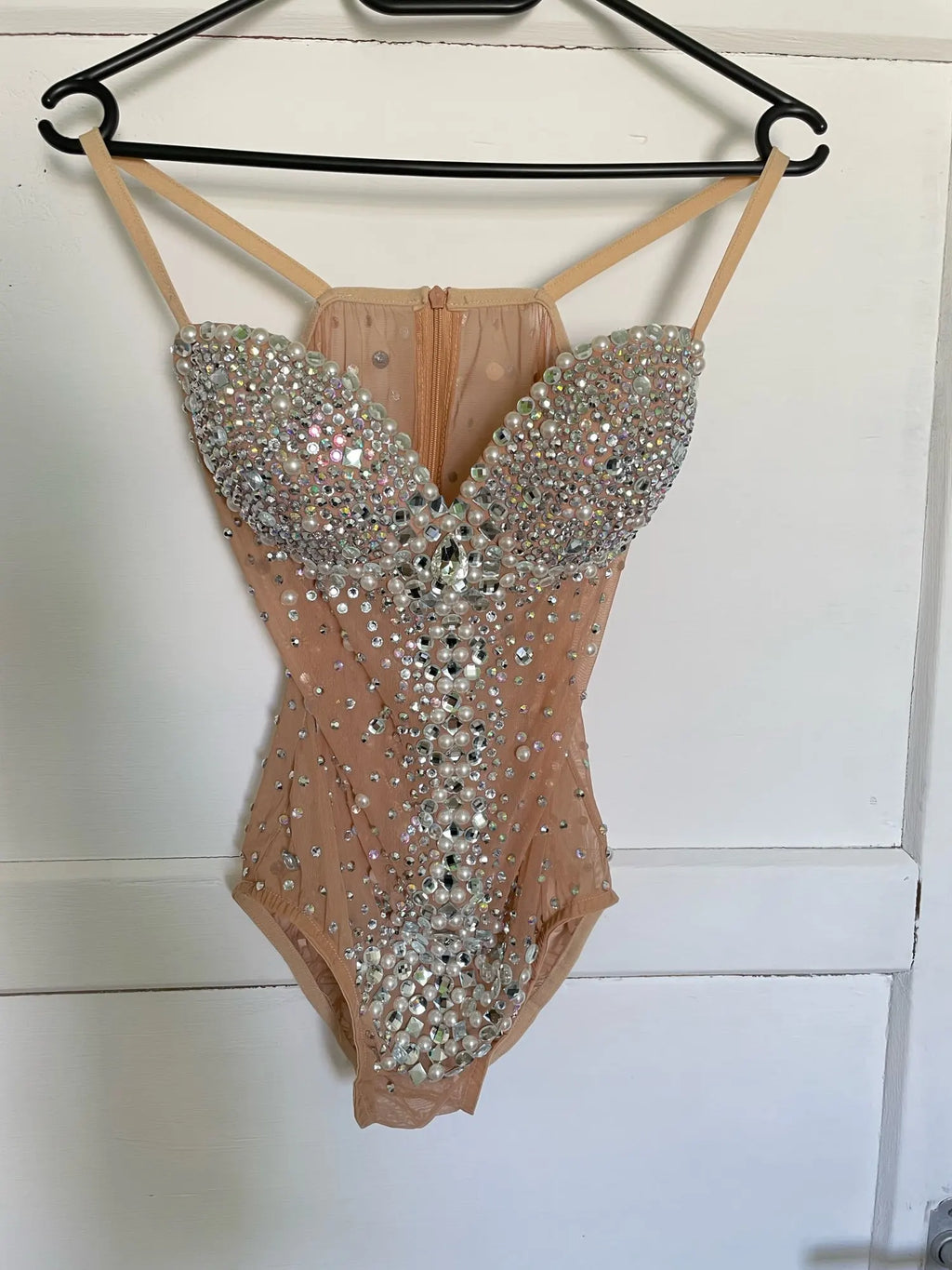 Pearl Strap Rhinestone Bodysuit Stage Leotard for Women