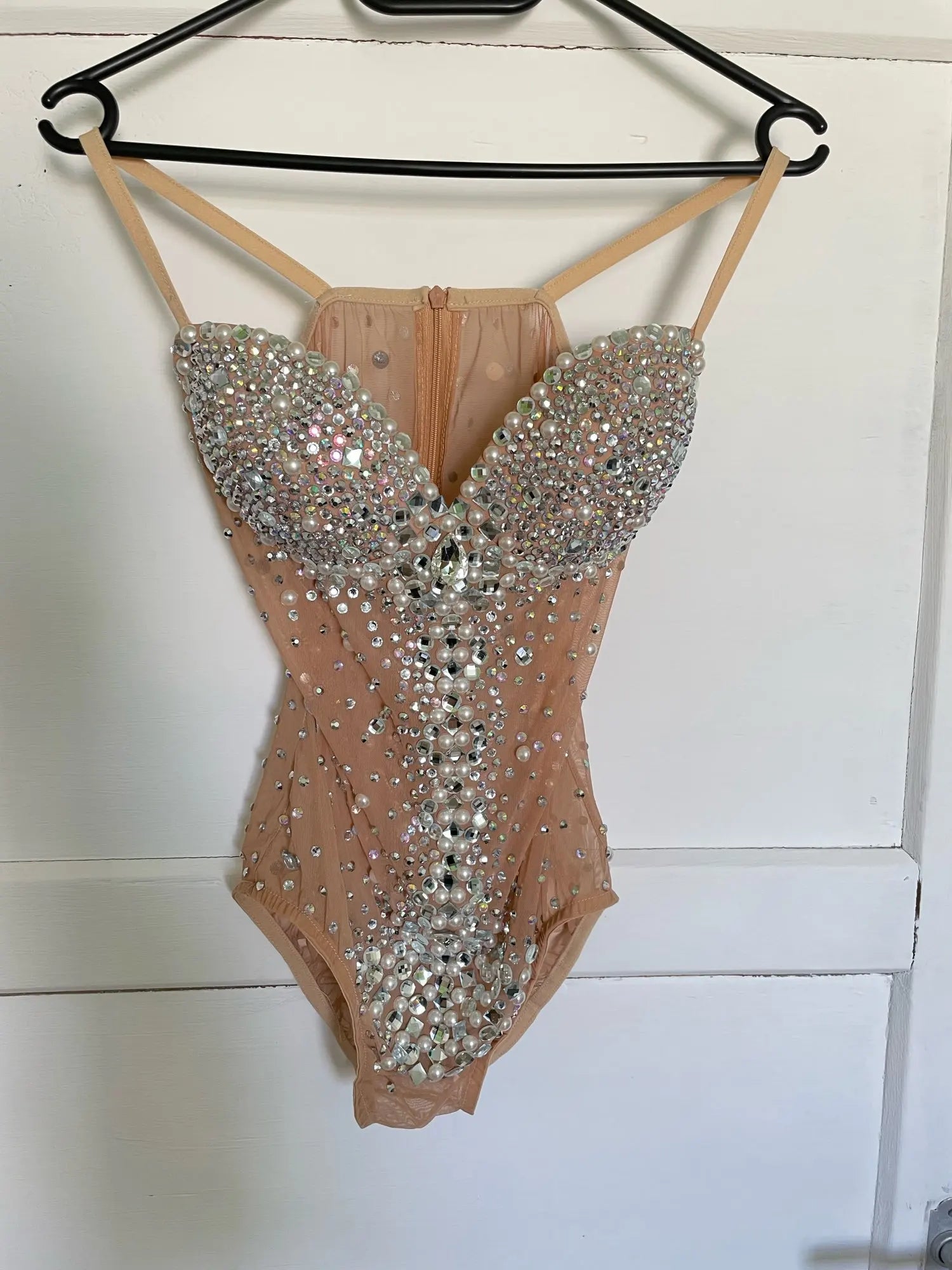 Pearl Strap Rhinestone Bodysuit Stage Leotard for Women