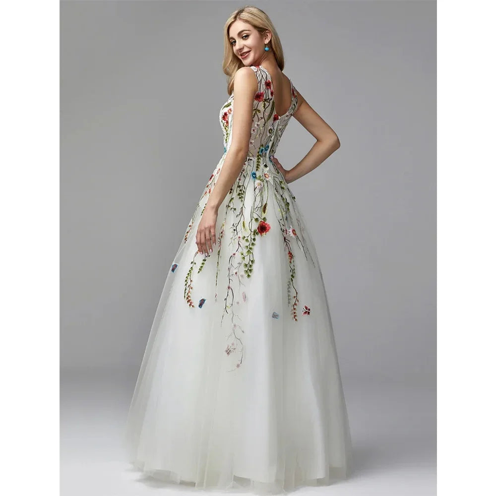 A-Line Floral Lace Prom Dress | Floor-Length Strapless Spaghetti Strap Formal Gown
