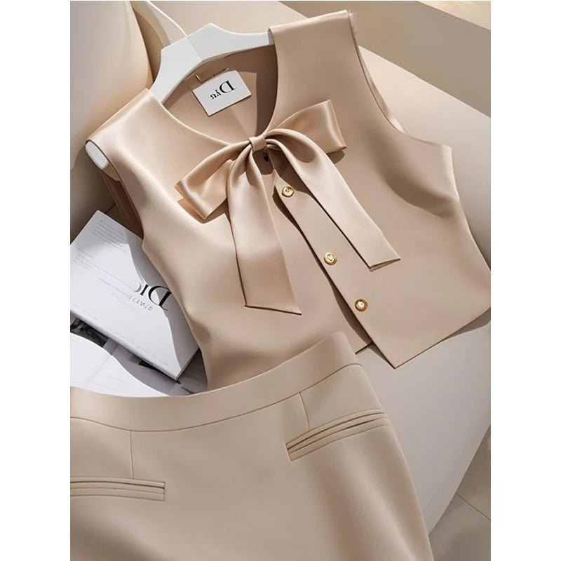 Women Clothes Elegant Two - piece Fashionable Bow Sleeveless Dress Sets - Nitamoje