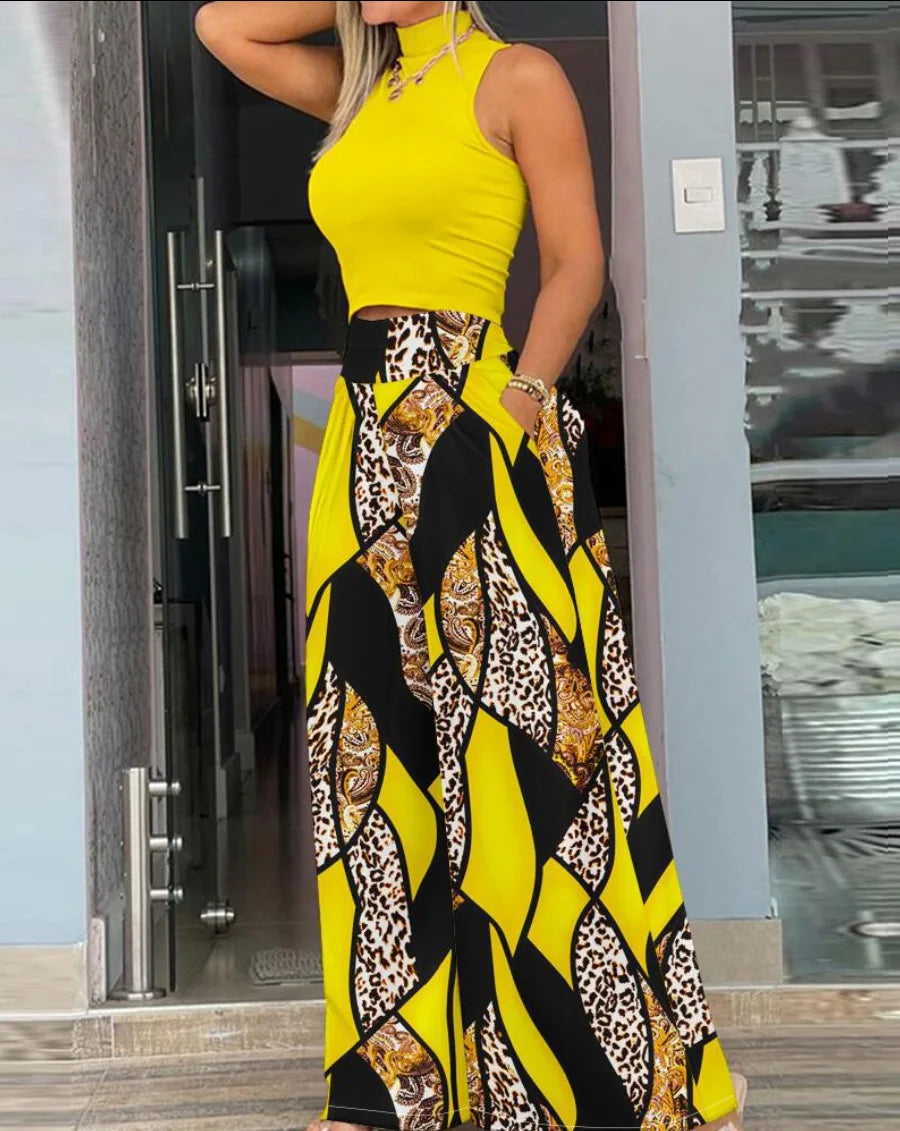 Women  Print Two-piece Set, Smooth Sleeveless T-shirt, Wide Leg Pants,