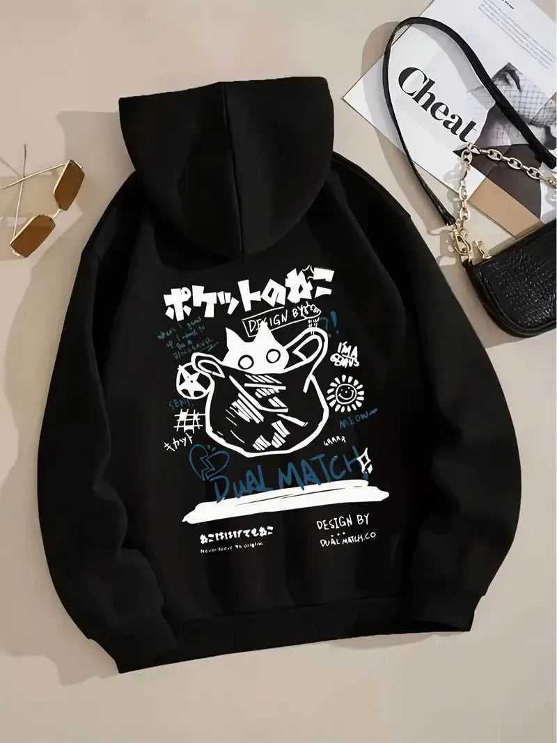 Japan Style Black Cat Hoodie Men Women Outdoor Street Casual Fashion Sport Cartoon Longsve Adult Autumn Winter Sweatshirt Top