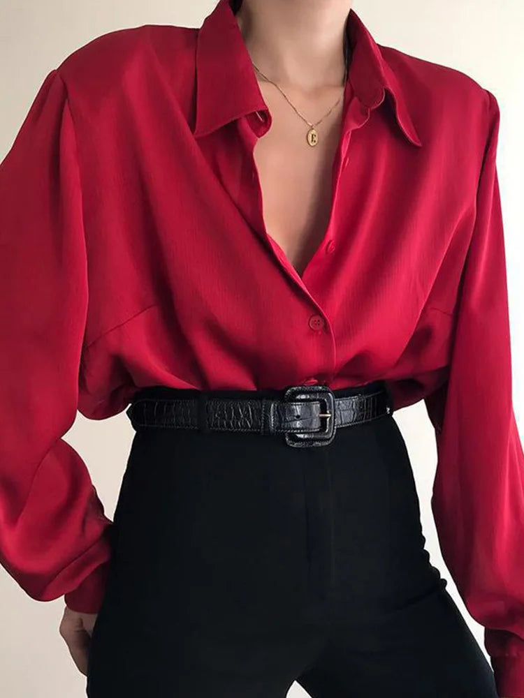 Women Button Blouses Turn Down Collar Shirts Office Lady Long Sve Casual Blouse Loose OL Shirt Baggy Tops Red/Wine Red /Black