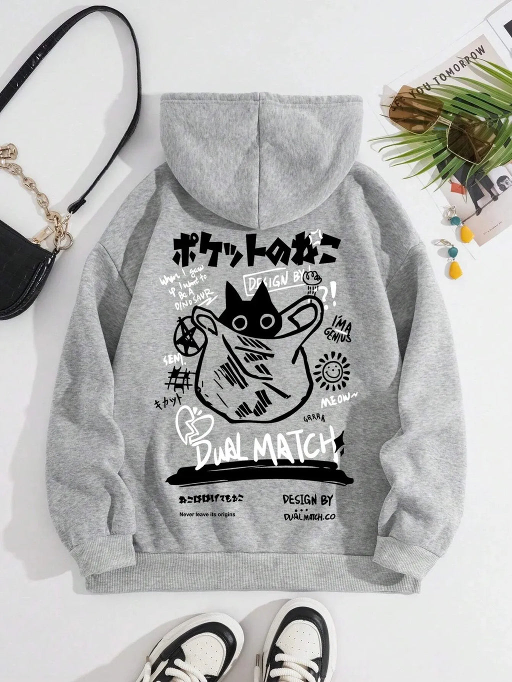Japan Style Black Cat Hoodie Men Women Outdoor Street Casual Fashion Sport Cartoon Longsve Adult Autumn Winter Sweatshirt Top